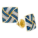 10kt Yellow Gold Womens Round Blue Color Enhanced Diamond Square Pinwheel Cluster Earrings 1/4 Cttw