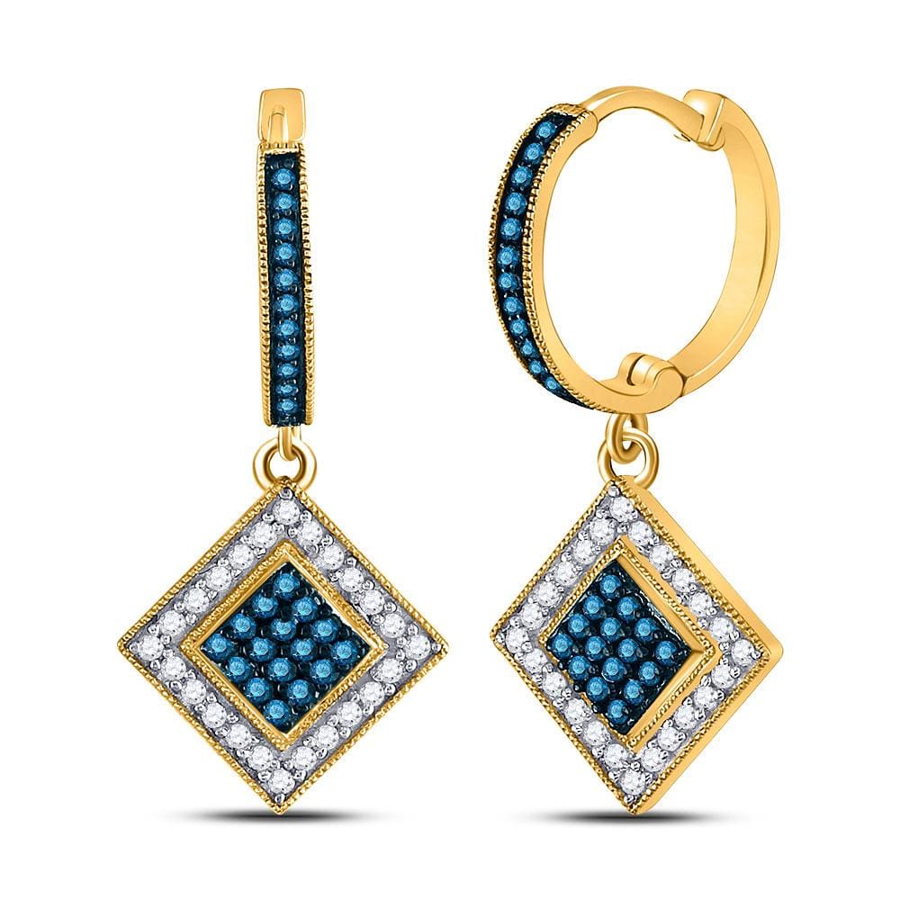 10kt Yellow Gold Womens Round Blue Color Enhanced Diamond Square Dangle Earrings 1/2 Cttw