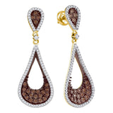 10kt Yellow Gold Womens Round Cognac-brown Color Enhanced Diamond Teardrop Dangle Earrings 1.00 Cttw