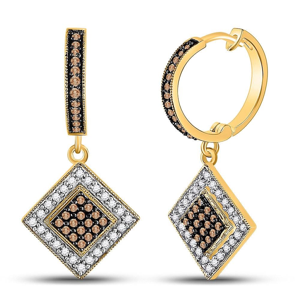 10kt Yellow Gold Womens Round Cognac-brown Color Enhanced Diamond Diagonal Square Dangle Earrings 1/2 Cttw