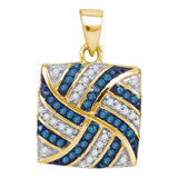 10kt Yellow Gold Womens Round Blue Color Enhanced Diamond Square Pinwheel Pendant 1/4 Cttw