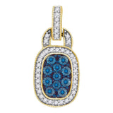 10kt Yellow Gold Womens Round Blue Color Enhanced Diamond Rectangle Frame Cluster Pendant 3/8 Cttw
