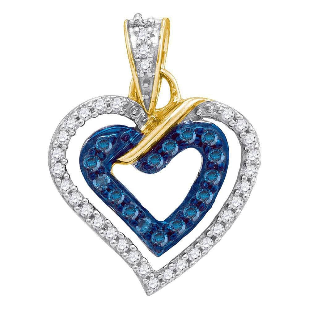 10kt Yellow Gold Womens Round Blue Color Enhanced Diamond Heart Pendant 1/4 Cttw