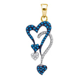 10kt Yellow Gold Womens Round Blue Color Enhanced Diamond Droplet Heart Pendant 1/5 Cttw