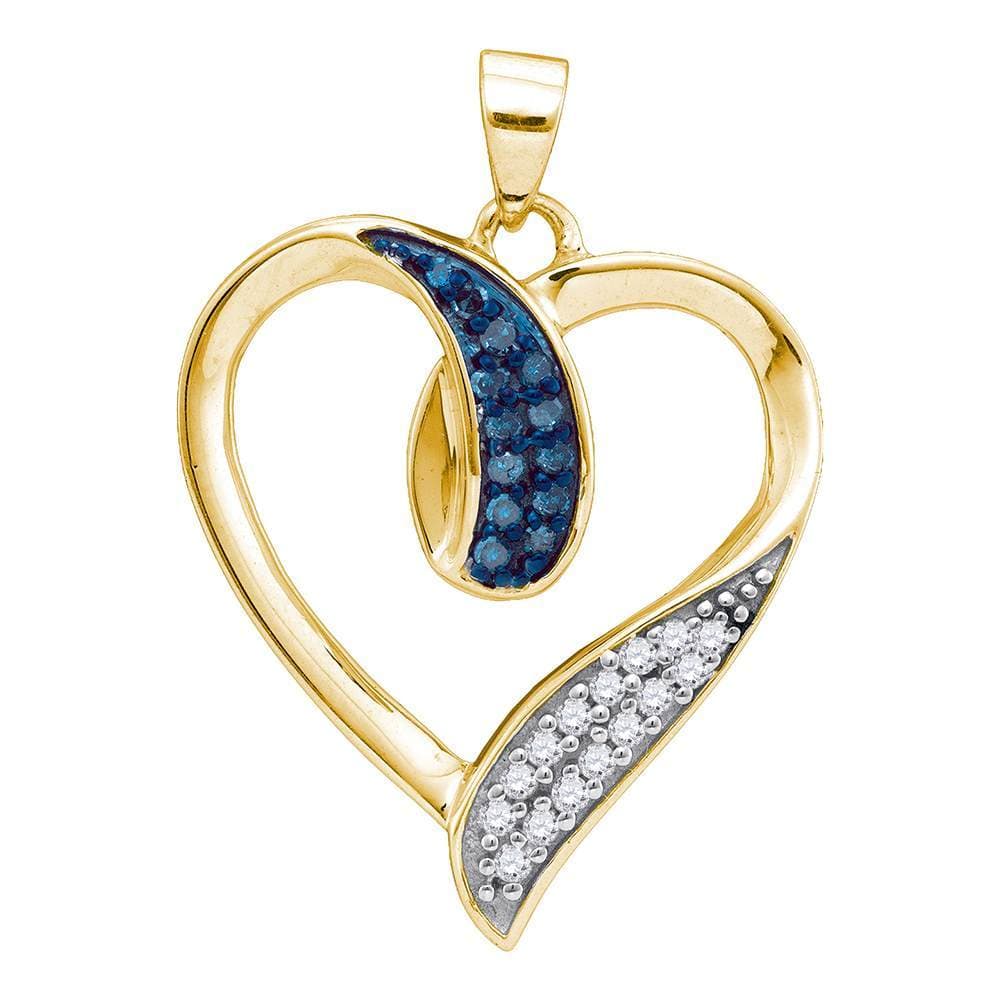 10kt Yellow Gold Womens Round Blue Color Enhanced Diamond Heart Love Pendant 1/5 Cttw