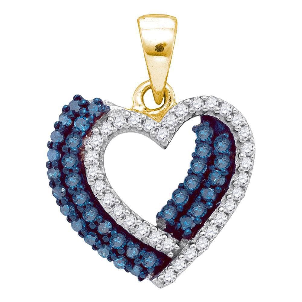 10kt Yellow Gold Womens Round Blue Color Enhanced Diamond Double Heart Pendant 3/8 Cttw