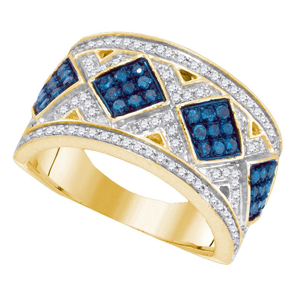 10kt Yellow Gold Womens Round Blue Color Enhanced Diamond Diagonal Square Cluster Band 5/8 Cttw