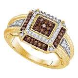 10kt Yellow Gold Womens Round Brown Diamond Square Frame Cluster Roped Ring 1/2 Cttw