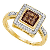10kt Yellow Gold Womens Round Brown Diamond Square Frame Cluster Ring 1/4 Cttw