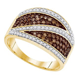 10kt Yellow Gold Womens Round Brown Diamond Crossover Stripe Band Ring 3/4 Cttw