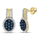 10kt Yellow Gold Womens Color Enhanced Blue Diamond Oval Cluster Earrings 3/4 Cttw