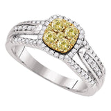 14kt White Gold Round Yellow Diamond Cluster Bridal Wedding Engagement Ring 3/4 Cttw