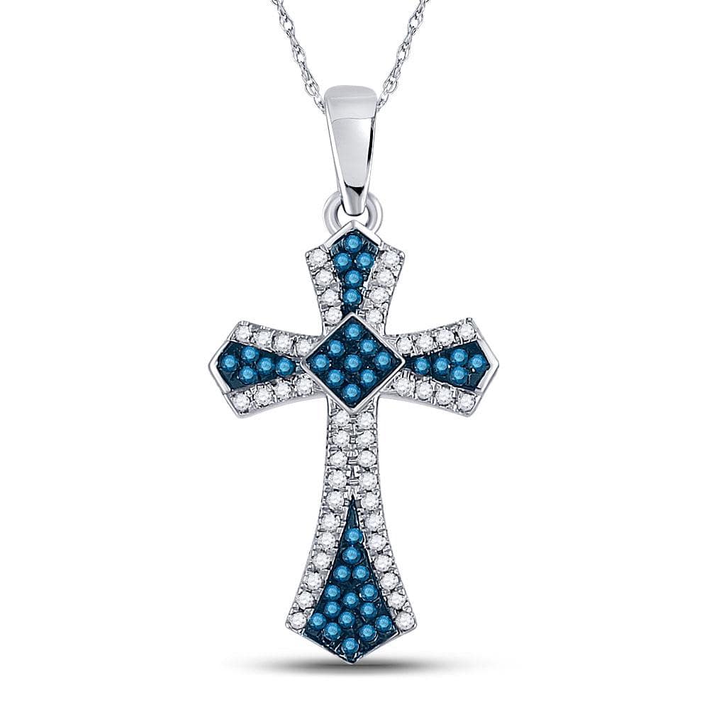 10k White Gold Blue Color Enhanced Diamond Womens Cross Crucifix Pendant 1/4 Cttw