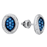 10kt White Gold Womens Round Blue Color Enhanced Diamond Oval Cluster Earrings 1/3 Cttw