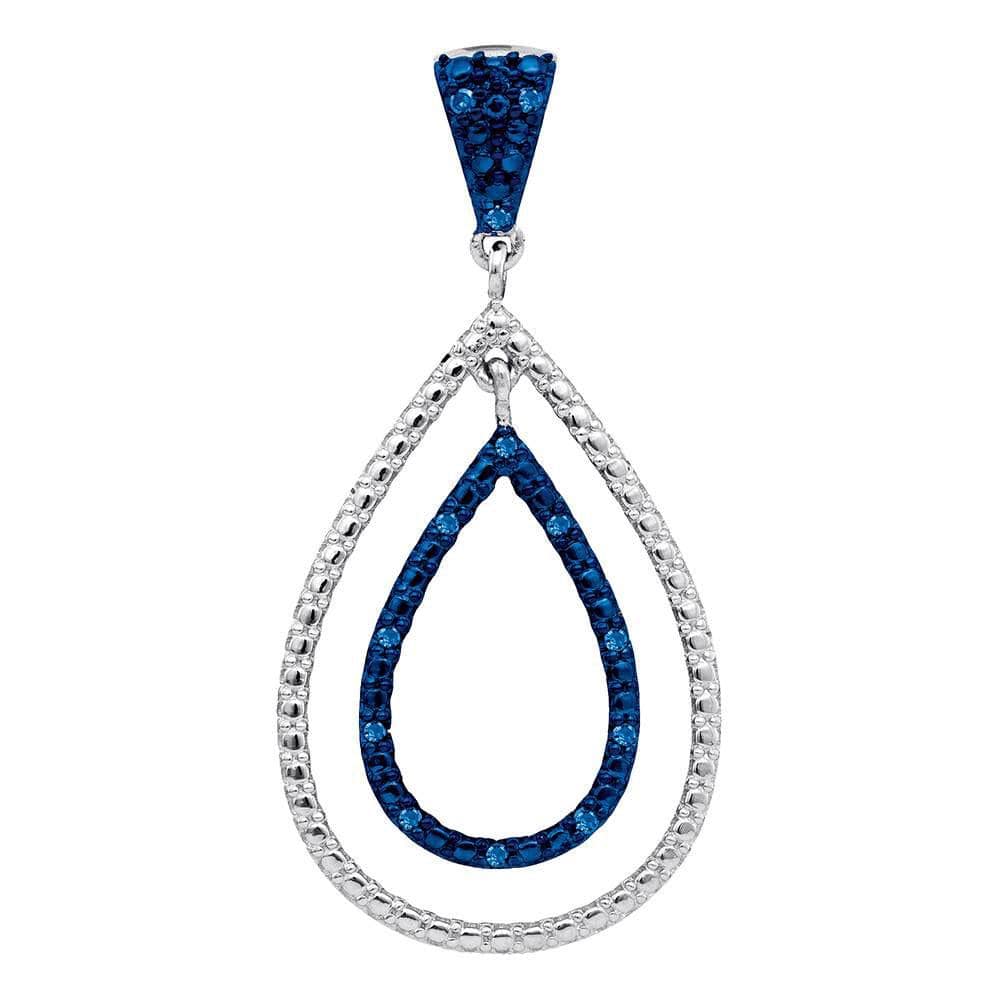 Sterling Silver Womens Round Blue Color Enhanced Diamond Teardrop Pendant 1/10 Cttw