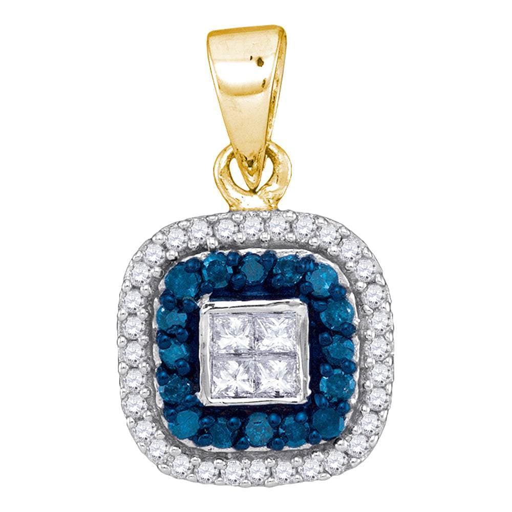 10kt Yellow Gold Womens Round Blue Color Enhanced Diamond Square Frame Pendant 1/3 Cttw