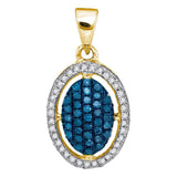 10kt Yellow Gold Womens Round Blue Color Enhanced Diamond Oval Frame Cluster Pendant 1/3 Cttw