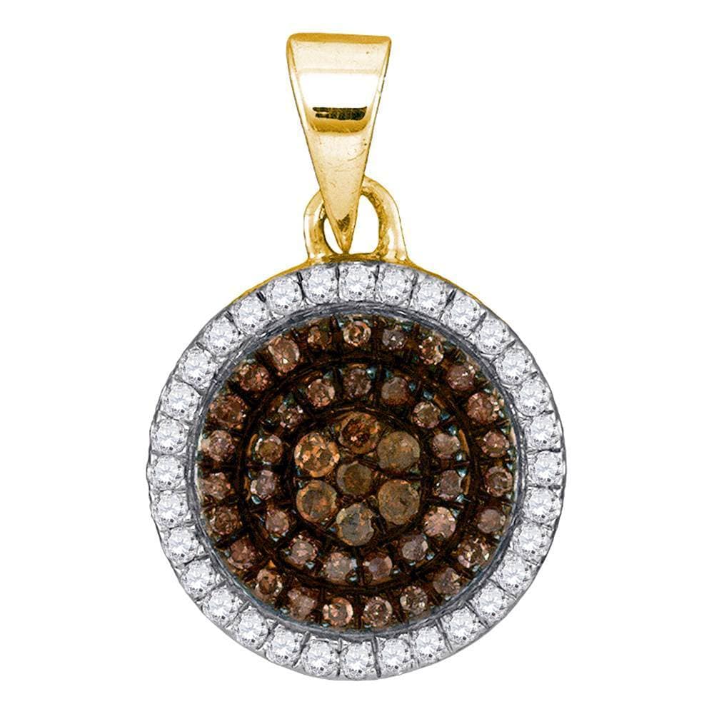 10kt Yellow Gold Womens Round Cognac-brown Color Enhanced Diamond Circle Frame Cluster Pendant 1/3 Cttw