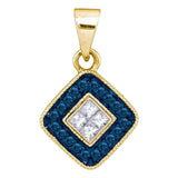 10kt Yellow Gold Womens Round Blue Color Enhanced Diamond Diagonal Square Pendant 1/5 Cttw