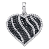 10kt White Gold Womens Round Black Color Enhanced Diamond Striped Heart Love Pendant 1-1/2 Cttw