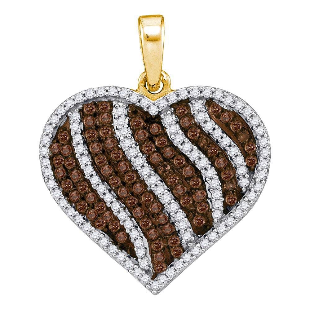10kt Yellow Gold Womens Round Cognac-brown Color Enhanced Diamond Heart Stripe Pendant 1-1/2 Cttw
