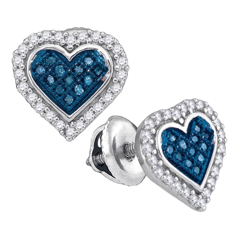 10kt White Gold Womens Round Blue Color Enhanced Diamond Heart Stud Earrings 1/4 Cttw