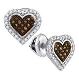 10kt White Gold Womens Round Brown Diamond Heart Cluster Earrings 1/4 Cttw