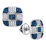 10kt White Gold Womens Round Blue Color Enhanced Diamond Checkered Stud Earrings 1/4 Cttw