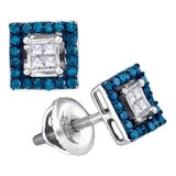 10kt White Gold Womens Round Blue Color Enhanced Diamond Square Cluster Earrings 1/3 Cttw