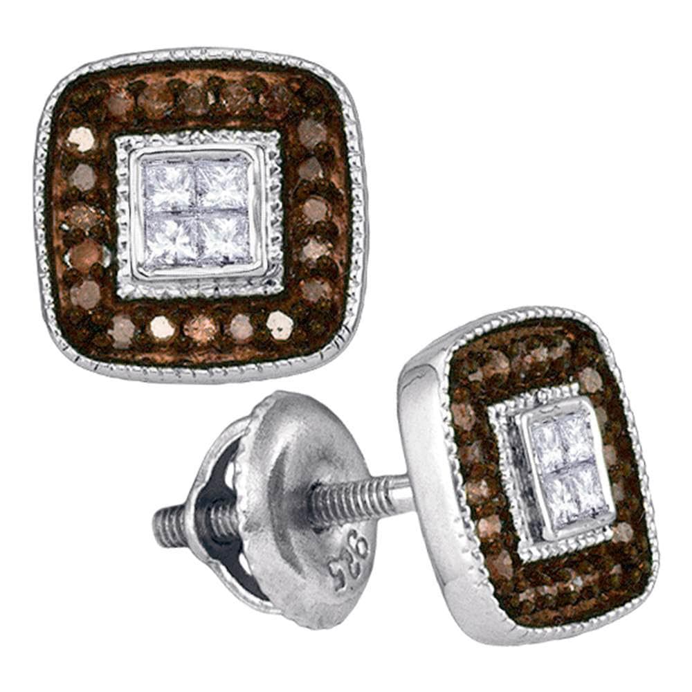 10kt White Gold Womens Round Brown Diamond Square Cluster Earrings 1/3 Cttw