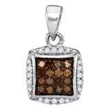 10kt White Gold Womens Round Brown Diamond Square Cluster Pendant 1/4 Cttw