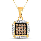 10kt Yellow Gold Womens Round Brown Diamond Square Cluster Pendant 1/4 Cttw