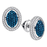10kt White Gold Womens Round Blue Color Enhanced Diamond Oval Frame Cluster Earrings 1/2 Cttw