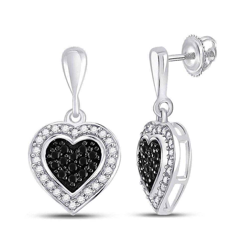 10kt White Gold Womens Round Black Color Enhanced Diamond Heart Dangle Earrings 1/2 Cttw