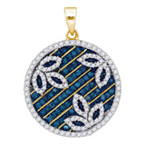 10kt Yellow Gold Womens Round Blue Color Enhanced Diamond Circle Floral Pendant 3/4 Cttw