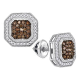 10k White Gold Brown Diamond Womens Square-shape Halo Stud Earrings
