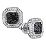 10kt White Gold Womens Round Black Color Enhanced Diamond Geometric Octagon Cluster Earrings 1/2 Cttw