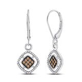 10kt White Gold Womens Round Brown Diamond Diagonal Square Dangle Earrings 1/3 Cttw