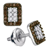 10kt White Gold Womens Round Brown Diamond Rectangle Cluster Earrings 1/3 Cttw