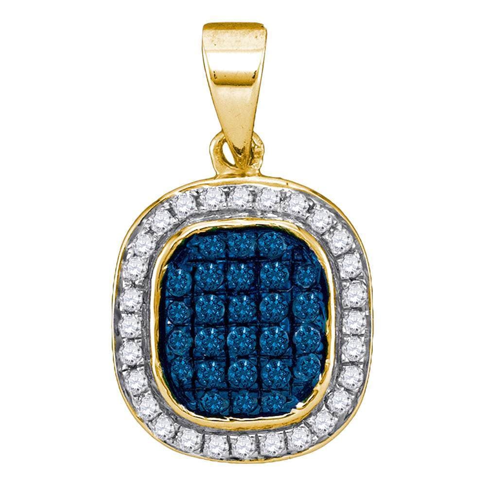 10kt Yellow Gold Womens Round Blue Color Enhanced Diamond Oval Cluster Pendant 1/4 Cttw