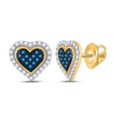 10kt Yellow Gold Womens Round Blue Color Enhanced Diamond Heart Stud Earrings 1/4 Cttw