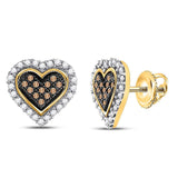 10kt Yellow Gold Womens Round Brown Diamond Heart Cluster Earrings 1/4 Cttw
