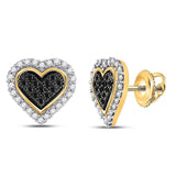 10kt Yellow Gold Womens Round Black Color Enhanced Diamond Heart Earrings 1/4 Cttw