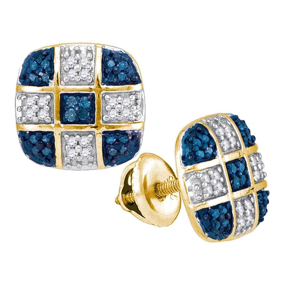 10kt Yellow Gold Womens Round Blue Color Enhanced Diamond Checkered Stud Earrings 1/4 Cttw
