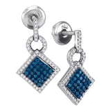 10kt White Gold Womens Round Blue Color Enhanced Diamond Square Dangle Earrings 1/2 Cttw