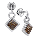 10kt White Gold Womens Round Cognac-brown Color Enhanced Diamond Diagonal Square Dangle Earrings 1/2 Cttw