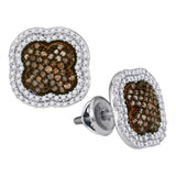 10kt White Gold Womens Round Brown Diamond Quatrefoil Cluster Earrings 3/4 Cttw