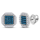 10kt White Gold Womens Round Blue Color Enhanced Diamond Cluster Earrings 3/8 Cttw