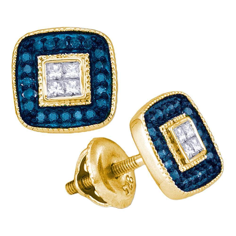 10kt Yellow Gold Womens Round Blue Color Enhanced Diamond Square Frame Cluster Earrings 1/3 Cttw