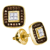 10kt Yellow Gold Womens Round Brown Diamond Square Cluster Earrings 1/3 Cttw